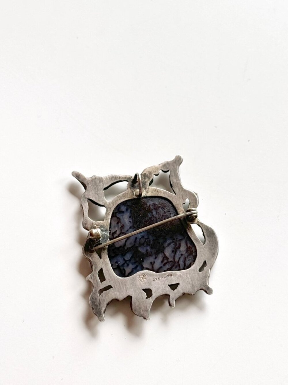 Vintage MK Sterling Silver Brutalist Modernist Purple Agate Brooch Pendant - Picture 7 of 15